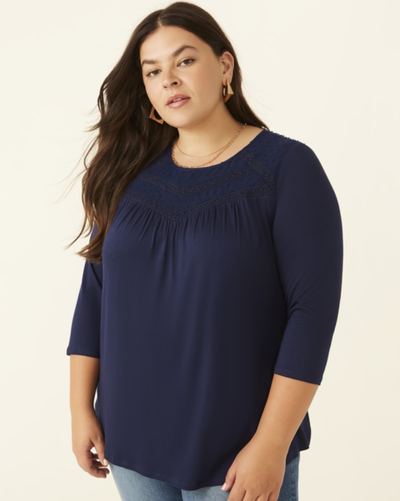 Front of a model wearing a size 1X Lindsay Mesh Lace-Trim Top in INDIGO by Daniel Rainn. | dia_product_style_image_id:255141